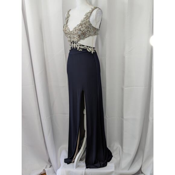 JUMP APPAREL! GLAM JEWELED NUDE LACE BRA TO NAVY WAIST FULL LENGTH GOWN!  3/4 - Picture 8 of 10